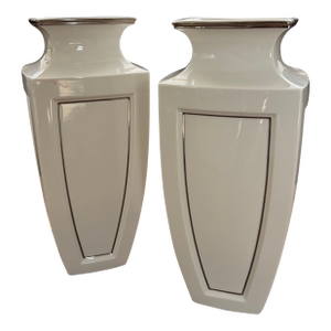 Lenox Solitaire White Porcelain Silver Trim Greek Key 10.5” Vases, a Pair