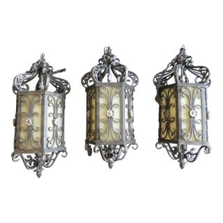 Vintage Wrought Iron Meisner Style Chandeliers - a Set For Sale