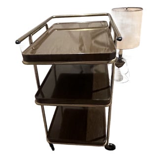 Rare 1960s Cosco Convertible 3-Tier Rolling Bar Cart With 3 Removable Serving Trays - Brass & Faux Walnut For Sale