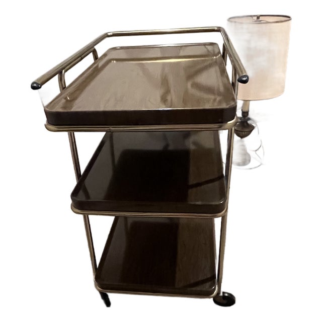 Rare 1960s Cosco Convertible 3-Tier Rolling Bar Cart With 3 Removable Serving Trays - Brass & Faux Walnut For Sale