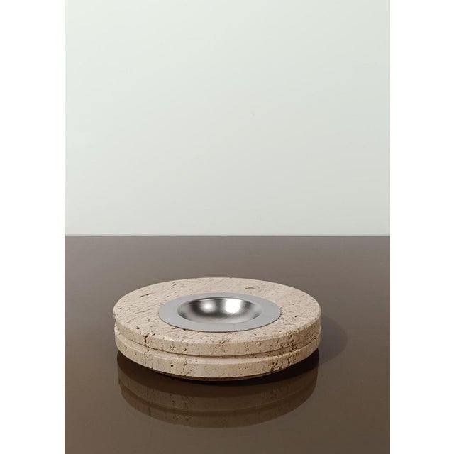Vintage Round Ashtray in Carved Travertine and Steel, Italy, 1970s For Sale - Image 11 of 13