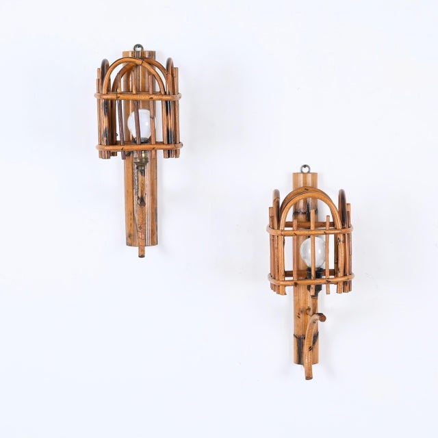 Wood Mid-Century Rattan Lantern Sconces by Louis Sognot, 1960s, Set of 2 For Sale - Image 7 of 13
