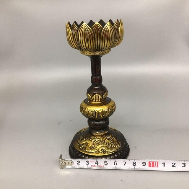 Late 20th Century Late 20th Century Pair of Gilt Bronze Lotus Candlesticks, Dragon Phoenix Relief Candle Holders, Chinoiserie Altar Decor For Sale - Image 5 of 9