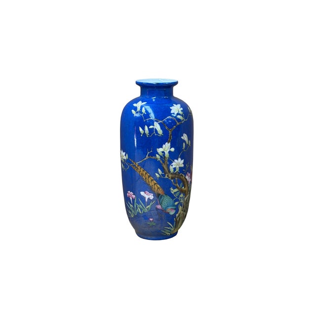 1970s 8" Vintage Bright Cobalt Blue Flower Bird Enamel Porcelain Art Vase For Sale - Image 5 of 13