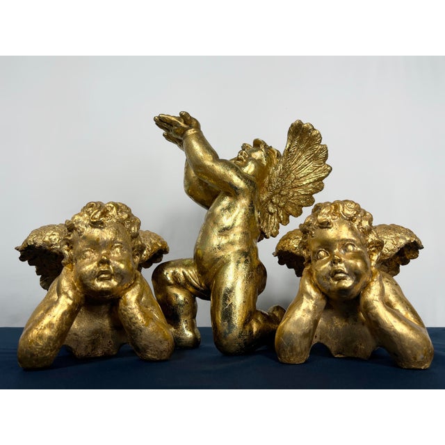 Set of 3 Vintage Hollywood Regency Gilded Cherub Putti Sculptures - Cast Composite Angels For Sale - Image 9 of 9
