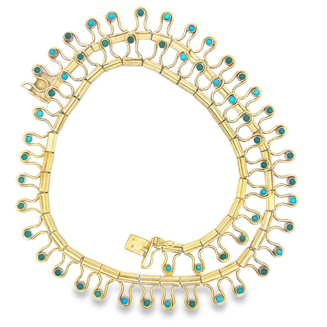 1970s Vintage Italian Modernist 18k Gold and Turquoise Fringe Necklace For Sale - Image 5 of 13