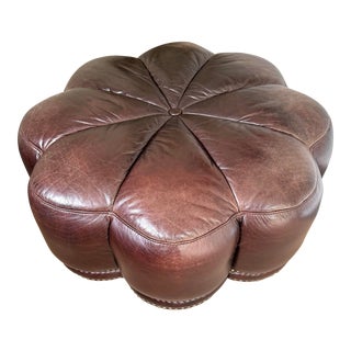 Bassett Round Scalloped Leather Ottoman With Nailhead Trim For Sale