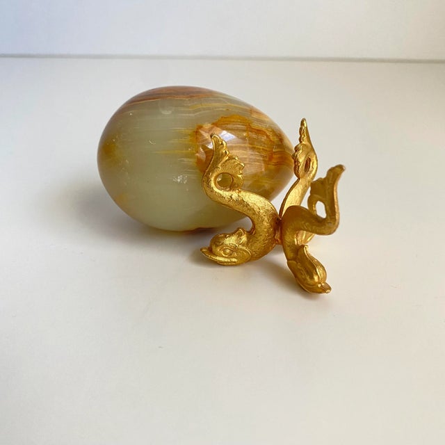 Metal Vintage Petite Banded Onyx Agate Egg Brass Dolphin Stand For Sale - Image 7 of 11