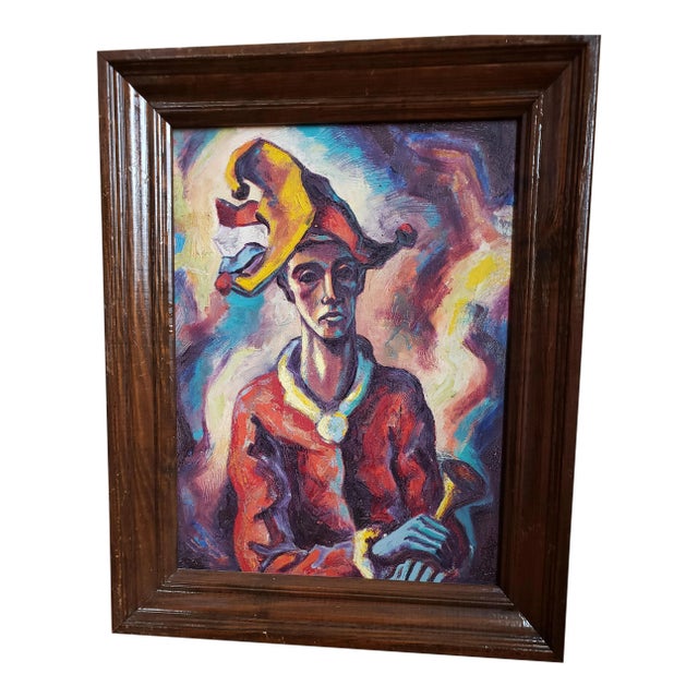 Mid-Century Expressionist Jester Portrait “Plaisantin Farceur” Oil Painting by Saul Kovner For Sale