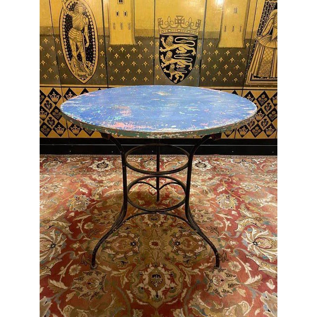 Wrought Iron Garden Table with Wooden Top For Sale - Image 4 of 4