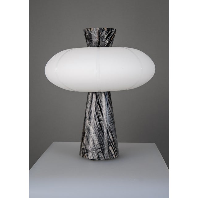 Contemporary Grenadilla Black Striated Marble and Hand-Blown Opal Glass Table Lamp from ZAVADSKI For Sale - Image 3 of 4