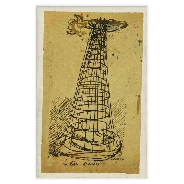 Luigi Bartolini, La Torre d'Avorio, Original China Ink Drawing, 1940s For Sale