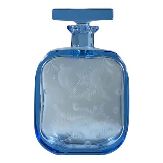 Art Deco Czech Blue Glass Decanter with Hand-Engraved Floral Decoration, 1930s For Sale