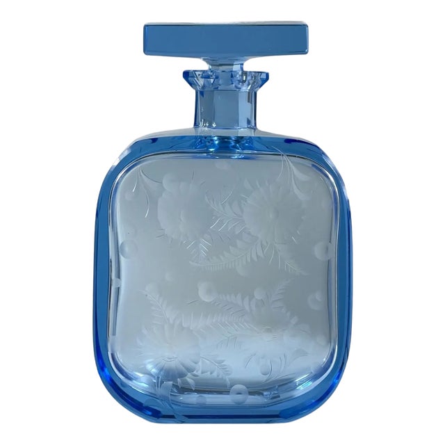 Art Deco Czech Blue Glass Decanter with Hand-Engraved Floral Decoration, 1930s For Sale