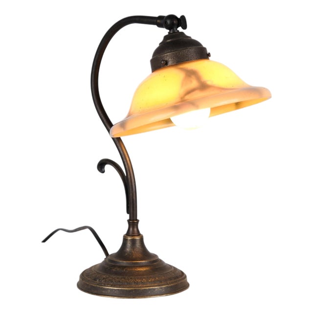 Vintage Desk Lamp in Wrought Iron with Yellow Frosted Glass Shade, 1930s For Sale