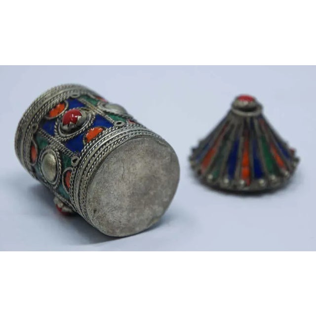 Antique Silver Enameled Kohl Container Box From Kabylie, Algeria For Sale - Image 12 of 13