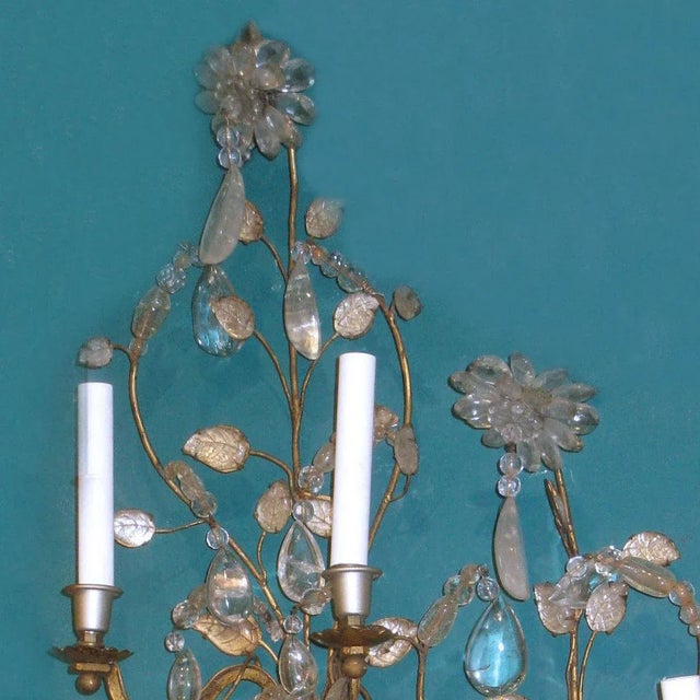 Art Deco Midcentury Glass and Rock Crystal Sconces Attributed to Baguès - A Pair For Sale - Image 3 of 6