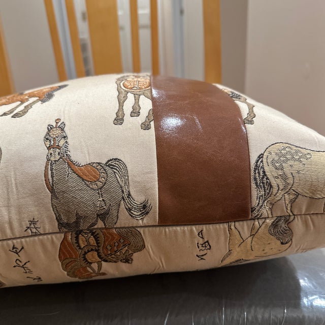Handcrafted decorative pillow case, horses patterns grey, beige, brown prints with a beige background and a leather strip...