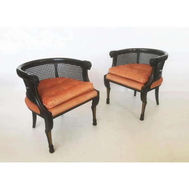 1970s Neoclassical Style Caned Back Ram's Head Armchairs - A Pair For Sale - Image 5 of 9