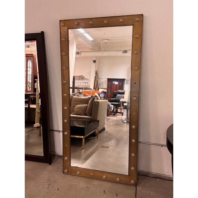 Traditional Restoration Hardware Illuminated Leaner Mirror in Aged Brass For Sale - Image 3 of 12