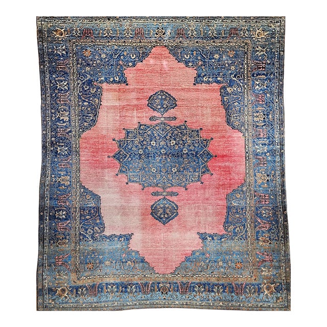 19th Century Oversized Persian Khorassan Rug, Hand-Knotted Wool, Floral Pattern, Red & Blue, 11x16 For Sale