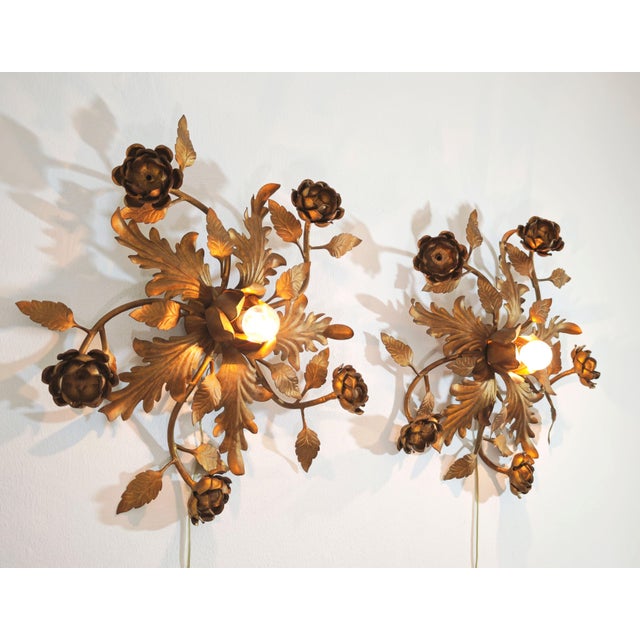 Hollywood Regency Gilded Metal Wall Lamps, Italy, 1960s, Set of 2 For Sale - Image 9 of 17