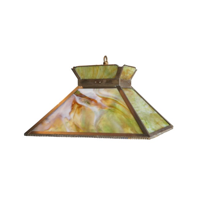 Arts & Crafts Antique Arts & Crafts Green Slag Glass Swag Pendant Light For Sale - Image 3 of 12