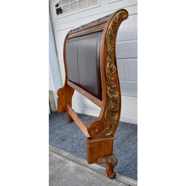 2000 - 2009 Legacy Pine Upholstered Sleigh Bed Carved and Inlaid Ornate Queen Frame For Sale - Image 5 of 18