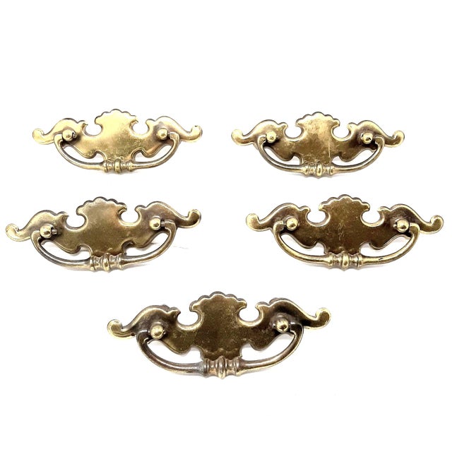 Vintage Mid 20th Century Chippendale Drawer Pull Handle Brass Hardware - Set of 5 For Sale - Image 10 of 10