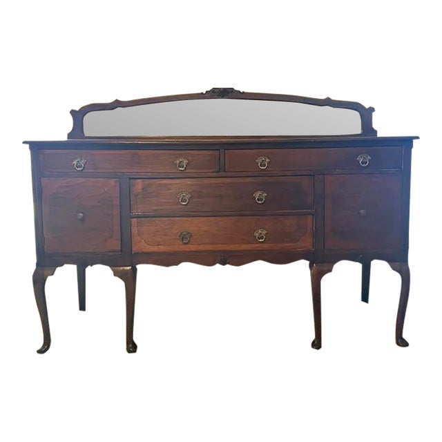 1920s Queen Anne Revival Mahogany-Toned Buffet Sideboard With Mirror For Sale