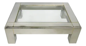 Karl Springer Stainless Steel Coffee Table W/ Brass & Glass Top
