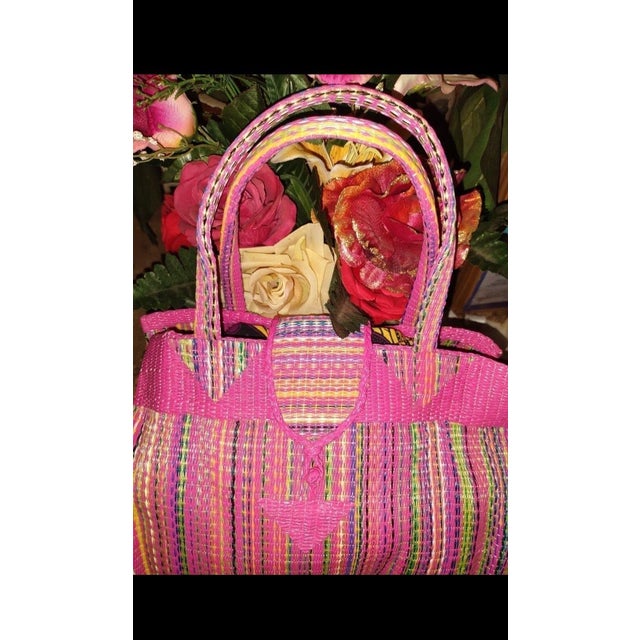 Contemporary African Hand-Woven Hot Pink Coiled Statement Handle Basket For Sale - Image 9 of 11