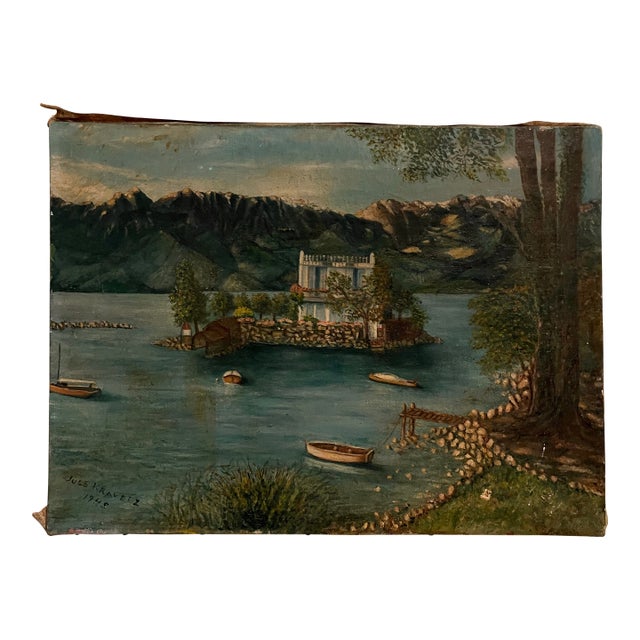Signed 1948 European Naïve Folk Art Mountain Lake & Island Villa Oil on Canvas For Sale