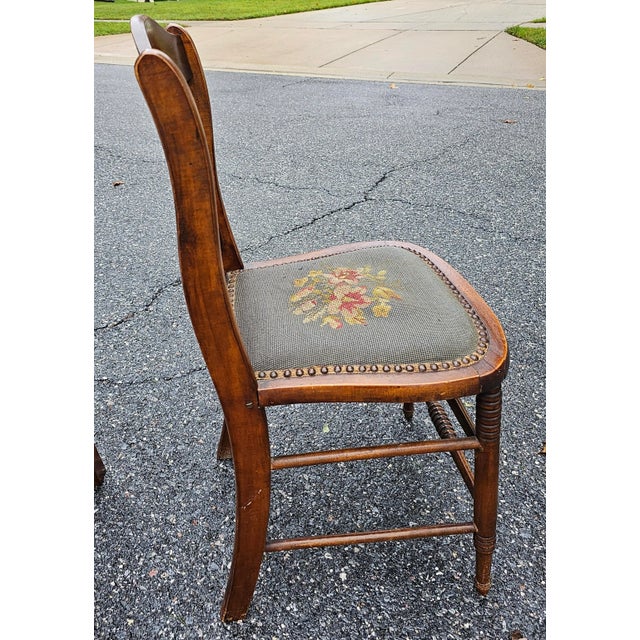 Victorian 19th Century American Walnut and Needlepoint Upholstered Seat Side Chairs, Pair For Sale - Image 3 of 11
