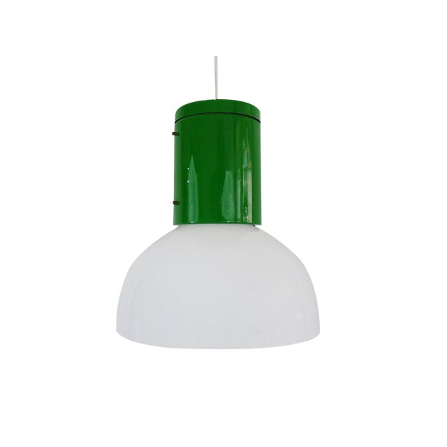 Vintage Industrial Pendant Lamp in Green Metal with White Plastic Lampshade, 1970s For Sale