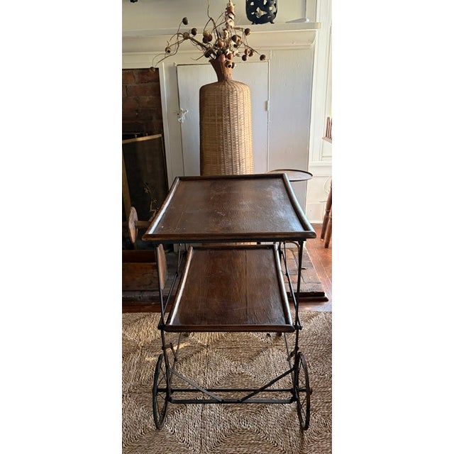 Antique Wood and Metal Industrial Rolling Tea or Bar Cart - Hotel Trolley For Sale - Image 4 of 11
