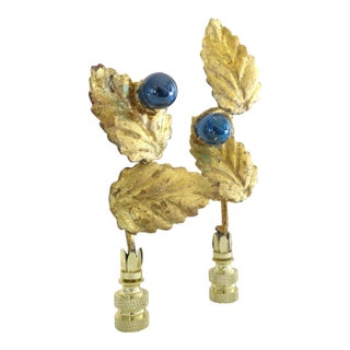 Vintage Italian Tole Leaf Lamp Finials, Absolutely Unique, Blue Glass and Gold, Pair For Sale