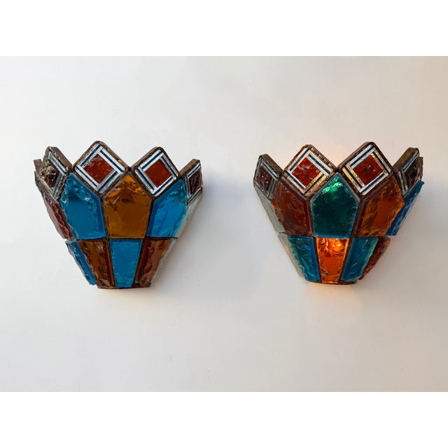 Metal Pair of Hammered Glass Wrought Iron Sconces by Longobard, Italy, 1970s For Sale - Image 7 of 12