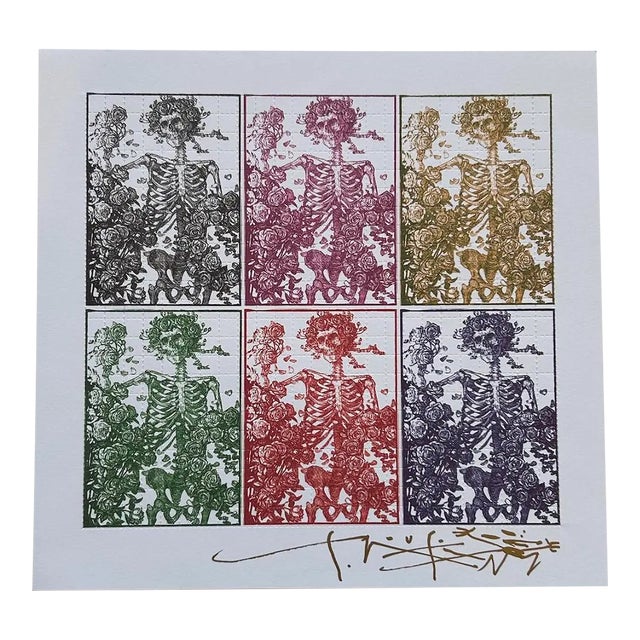 Stanley Mouse Signed "Bertha" Skull & Roses Blotter Art | Multi-Color Printed, Grateful Dead Icons C .2000 For Sale