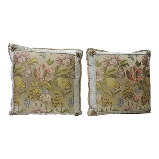 Green and Pink Antique French Brocade Floral Decorative Pillows - a Pair For Sale
