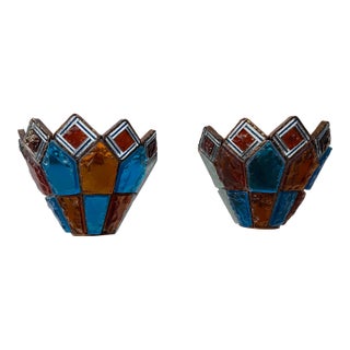 Pair of Hammered Glass Wrought Iron Sconces by Longobard, Italy, 1970s For Sale