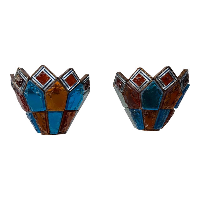 Pair of Hammered Glass Wrought Iron Sconces by Longobard, Italy, 1970s For Sale