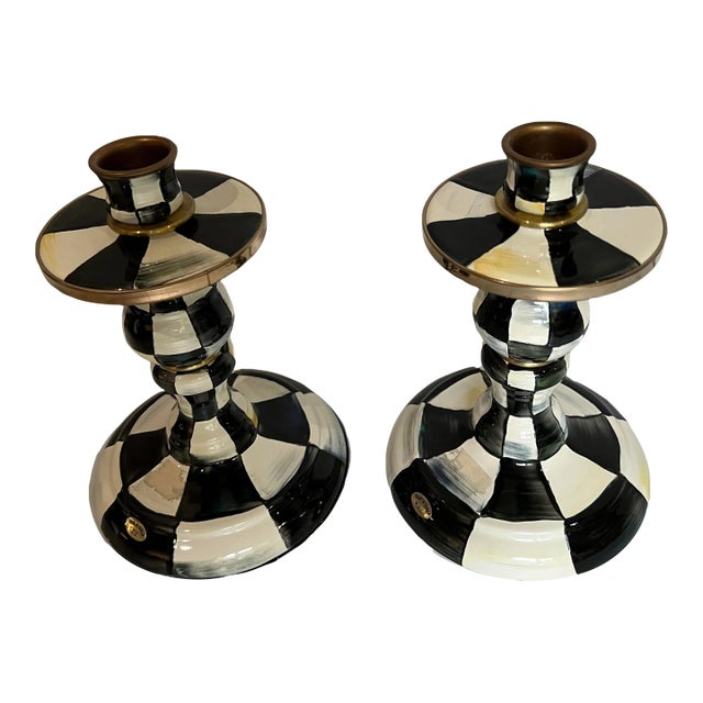 Mackenzie Childs ~ Courtly Check ~ Small 8" Enamel Candlestick Holders a Pair For Sale