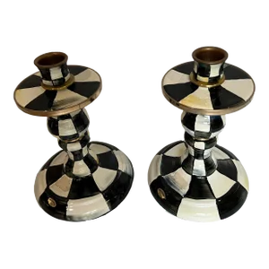 Mackenzie Childs ~ Courtly Check ~ Small 8" Enamel Candlestick Holders a Pair