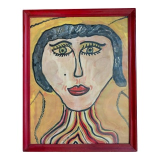 1990's Contemporary Folk Outsider Type Colorful Portrait Painting, Signed For Sale