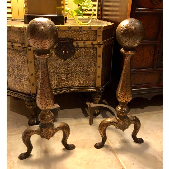 A Pair of Brass Cannonball Hand Hammered Andirons 1920's Antique Early