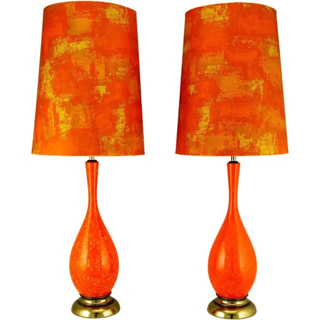 Metal Persimmon & Gamboge Stippled Glaze Table Lamps With Hand-Painted Shades - a Pair For Sale - Image 7 of 7
