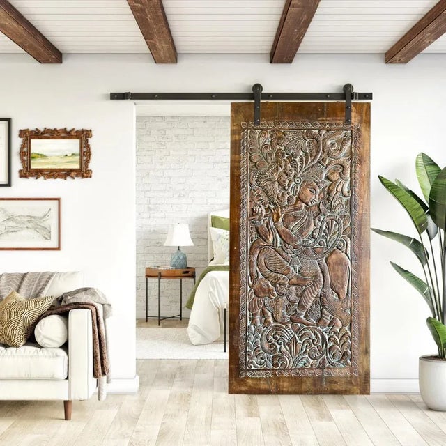 Brown 1920s Vintage Indian Hand-Carved Krishna Temple Door – Ornate Barn Door With Fluting 84x41 For Sale - Image 8 of 8