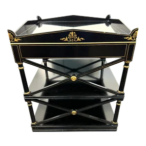 1990s Vintage Neoclassical Black Lacquered Mirrored Three-Tier Etagere With Gold Gilt Detailing