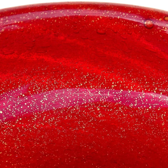 Beautiful vintage murano hand blown red, white bubbles and gold flecks Italian art glass ashtray bowl. Documented to...